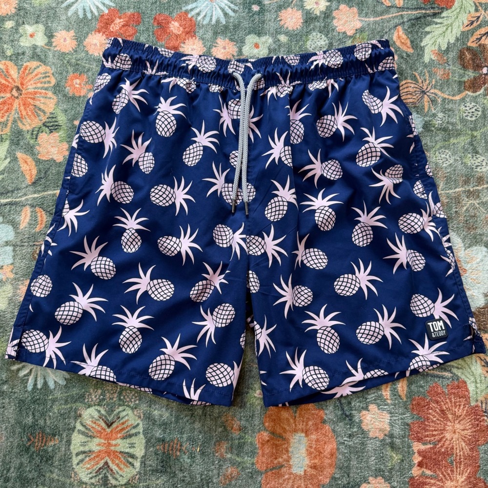 Tom & Teddy Mens XL Swim Trunks Navy Blue Pink Pineapple Repreve Recycled Shorts